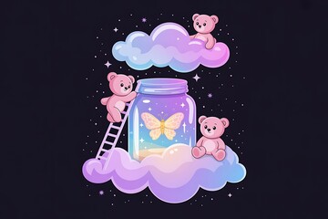 Three Cute Teddy Bears and a Jar with Butterfly on Clouds magical nigh