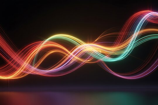 Swirling neon light trails in vibrant red orange yellow and blue on black abstract - Powered by Adobe