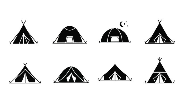 Collection of diverse silhouette camping tents and wigwam icons for outdoor adventure and recreation silhouette