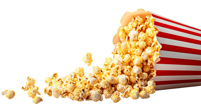 Popcorn spills from a red and white striped box, cut out transparent