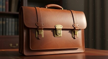 Vintage brown leather briefcase sitting on a wooden desk in a library or office, professional business and education concept