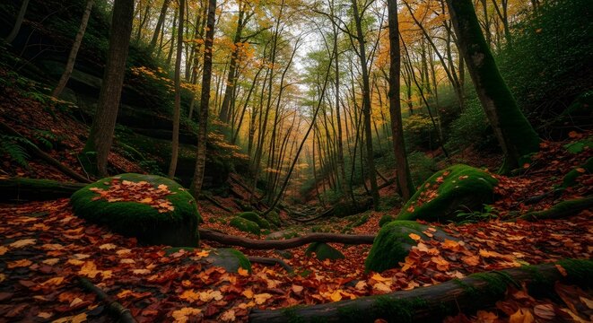 Autumnal forest floor covered in fallen leaves, mossy rocks, and tall trees in the background