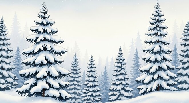 Snow covered pine trees in a winter landscape with a foggy background and falling snow illustration