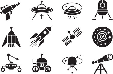 Space Exploration Icons Set in Black and White Representing Scientific Discovery and Futuristic Technology for Various Applications