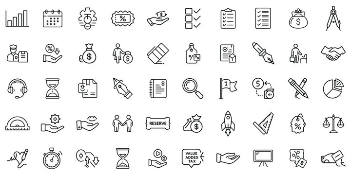 A collection of business-themed line icons representing finance, planning, and teamwork in monochrome.