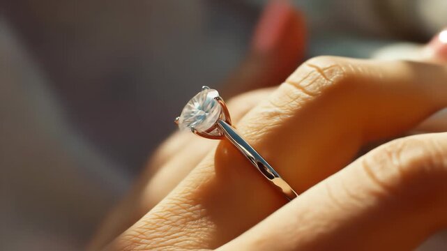 A detailed close-up shot of a person's hand displaying a shining solitaire diamond ring set in a delicate rose gold band, bathed in warm, diffused sunlight.