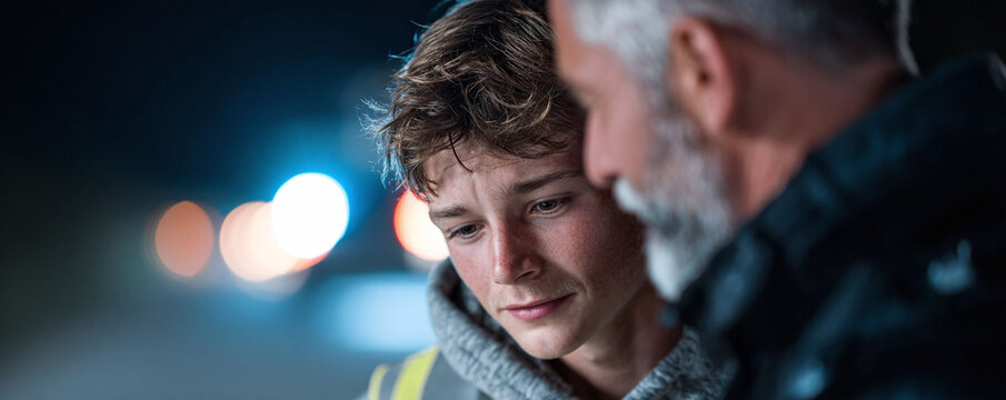 Pensive young man in safety vest listens to an older, caring mentor figure at night. Evokes trust, guidance, understanding. Suitable for teamwork, support, learning themes.