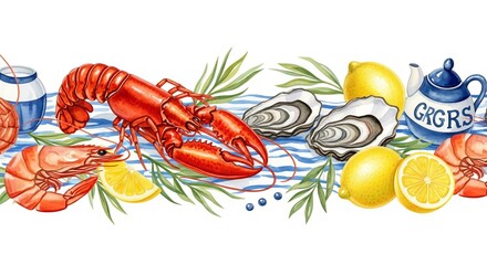 A watercolor illustration of seafood including lobster oysters shrimp lemons and a blue teapot design