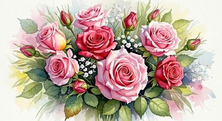 Watercolor painting of a bouquet of pink and red roses with baby's breath and green leaves art