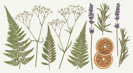 Flat lay arrangement of pressed ferns, baby's breath, lavender, rosemary, and dried orange slices