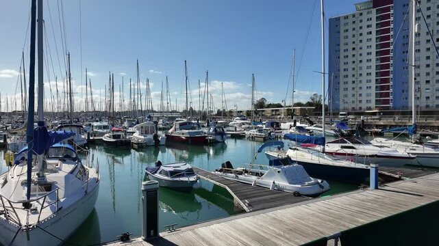 Gosport Hampshire England UK. 10.10.2025. Video. Block of flats overlooking Gosport Marina in Hampshire England UK.