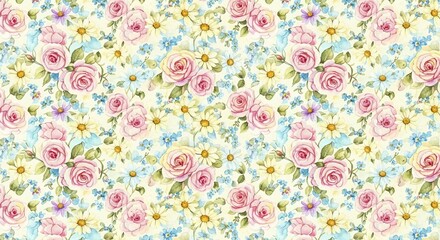 A floral pattern with pink roses, white daisies, and small blue flowers on a light background design