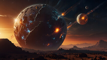 An artistic interpretation of two massive galaxies floating across a muddy-toned cosmic expanse.