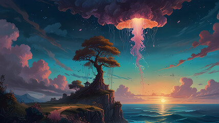 A dreamlike landscape painting of a glowing sunset over the ocean, where a majestic tree grows atop a rugged cliff.
