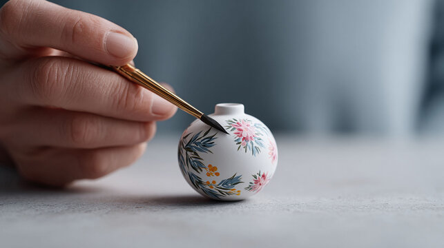 Artisan painting floral design on small vase. Craft, creativity, detail oriented work concept. Use for blogs, art publications, hobby related content.