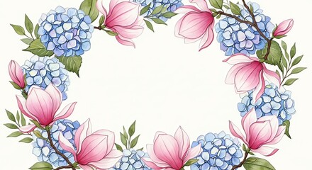 Watercolor floral wreath with pink magnolias and blue hydrangeas on a white background art piece