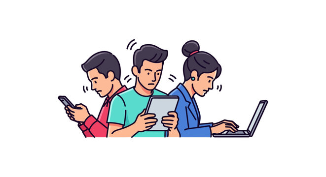 digital device overuse people engrossed in smartphones tablets and laptops reflecting technology addiction and information overload in modern life