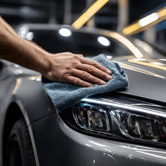 Obraz premium Man cleaning car headlight with microfiber cloth in sunlight close-up