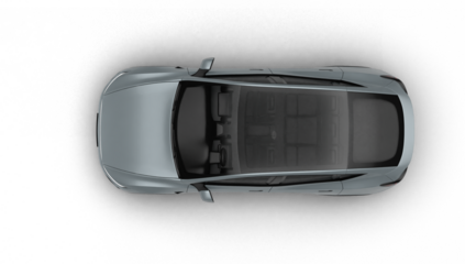 3D Render of a gray colored modern electric car, top-down 90 degree view, transparent background.