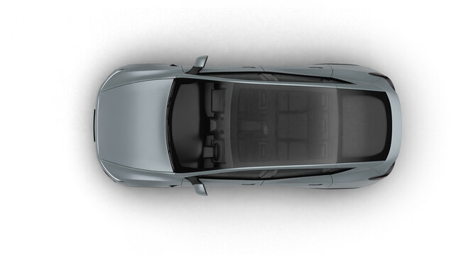 3D Render of a gray colored modern electric car, top-down 90 degree view, transparent background.