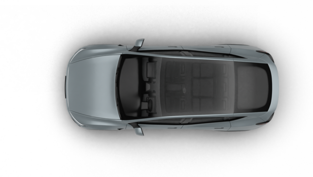 3D Render of a gray colored modern electric car, top-down 90 degree view, transparent background.