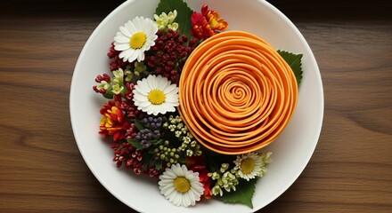 Top view of carrot rose surrounded by daisies and small flowers on a white plate on a wooden surface