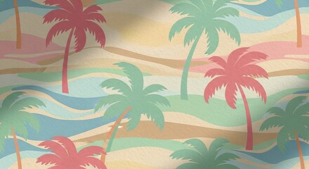 Pastel colored palm tree pattern with pink and green trees on a wavy background design texture
