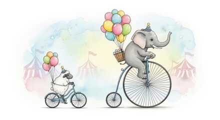 An elephant and a sheep ride bicycles with balloons near circus tents in a whimsical illustration