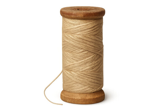 Spool of natural beige thread on a wooden bobbin for knitting and craft projects, transparent background