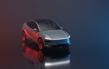 3D Render of a gray colored modern electric car, slight right front view under blue and red light, transparent background.