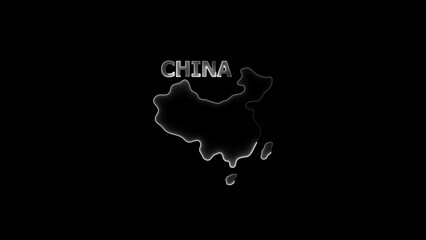 China map outline with metallic silver text on black background country nation