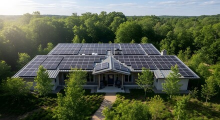 Eco Friendly Modern House Powered Solar Panels Nestled Forest Showcasing Sustainable Living Renewable Energy Green Building Environmentally Conscious Architecture Innovation