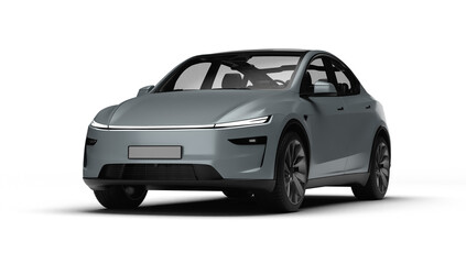 3D Render of a gray colored modern electric car, slight left front view, transparent background.