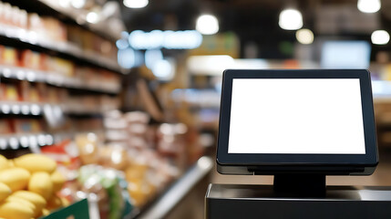 Modern point-of-sale (POS) system in a grocery store setting. An advanced checkout terminal stands ready for transactions. Bright white screen adds a focal point.