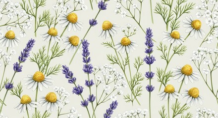 A seamless pattern of lavender, daisies, and baby's breath flowers on a light beige background