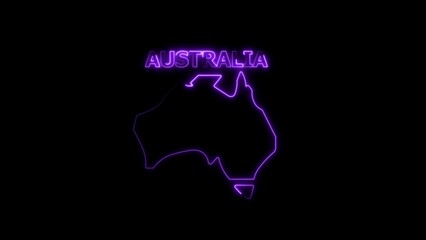 Neon outline map of Australia with glowing purple text on black background 
