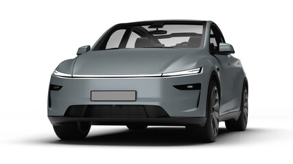 3D Render of a gray colored modern electric car, slight left front view, transparent background.