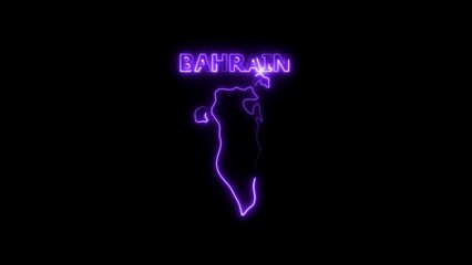 Neon outline map of Bahrain with the word Bahrain in neon text light