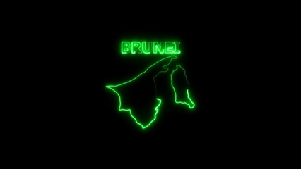 Neon outline map of Brunei with glowing green text on black background image photo
