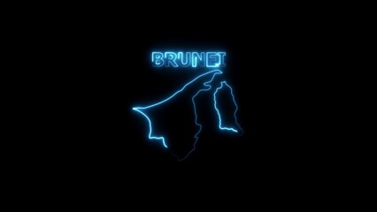 Neon outline map of Brunei with glowing blue text on black background 