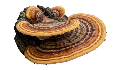 Cluster of shelf fungi growing on a tree stump, showing intricate concentric rings and water droplets, isolated on white.