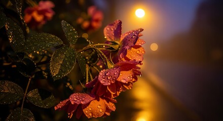 Close up of pink and orange flowers covered in water droplets with a blurred light in background