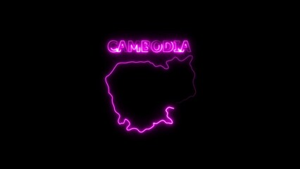 Neon outline map of Cambodia with glowing pink text on black background image photo