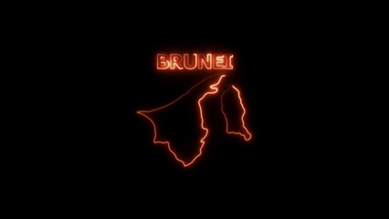 Neon outline map of Brunei with glowing orange text on black background image photo