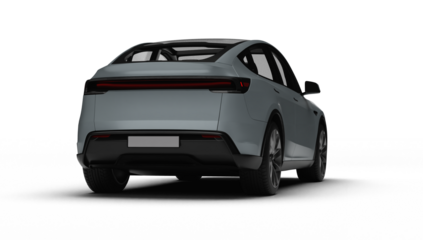 3D Render of a gray colored modern electric car slight right rear view, transparent background.