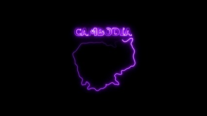 Neon outline map of Cambodia with glowing purple text on black background image photo
