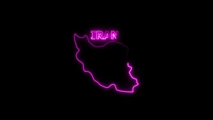 Neon outline map of Iran with the word Iran in neon text light