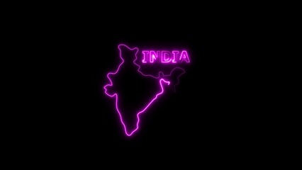 Neon outline map of India with glowing text on black background Asia