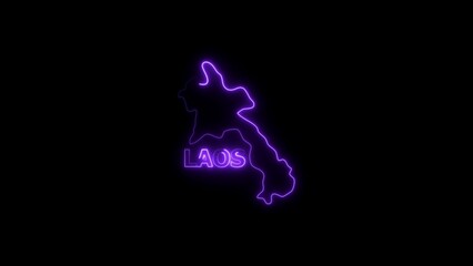 Neon outline map of Laos with the word Laos in purple neon on a black background 