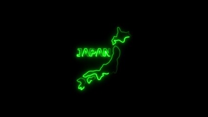 Neon outline map of Japan with glowing green text on black background 
